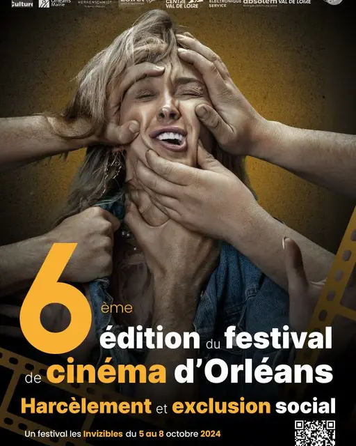 Affiche de la sixième édition du festival du cinéma d'Orléans sur le thème du harcèlement : un visage saisi par plusieurs mains, gros chiffre six en jaune.