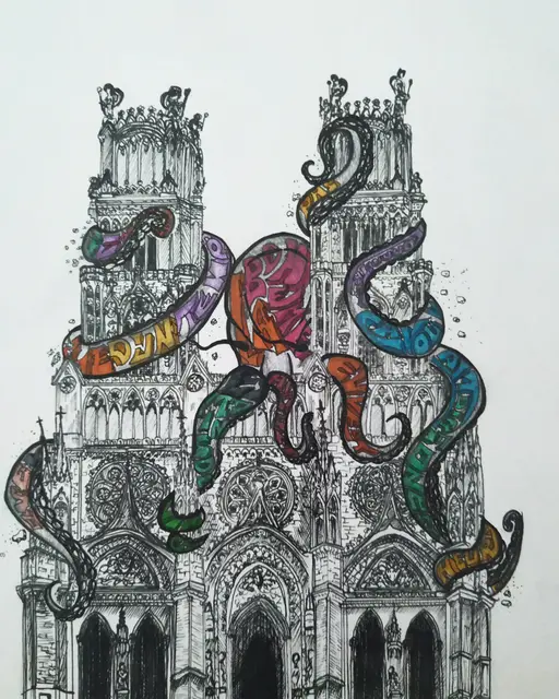 Façade de cathédrale gothique dessinée à l'encre noire, très détaillée, traversée par des tentacules colorés qui sortent des rosaces.