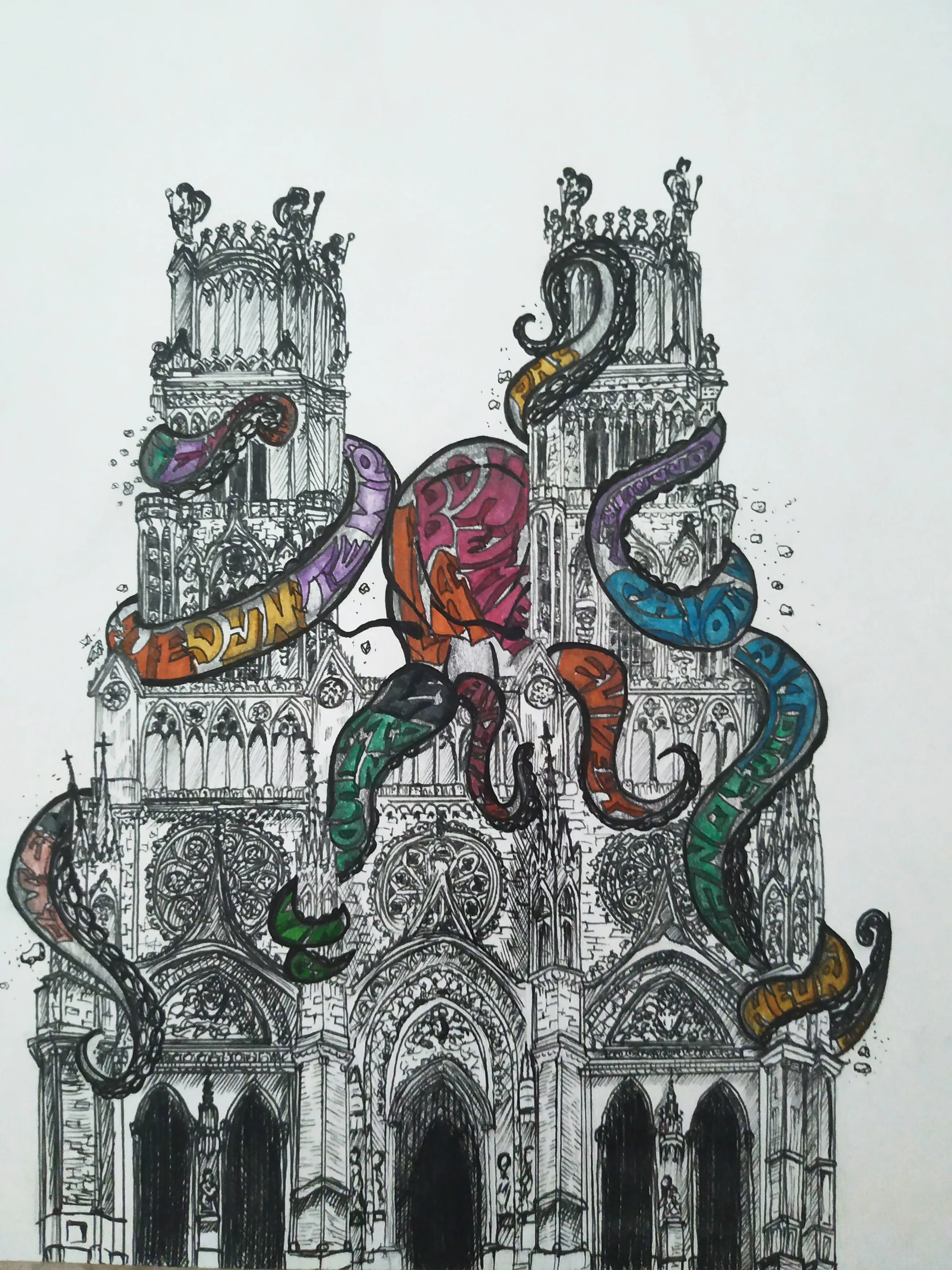 Façade de cathédrale gothique dessinée à l'encre noire, très détaillée, traversée par des tentacules colorés qui sortent des rosaces.