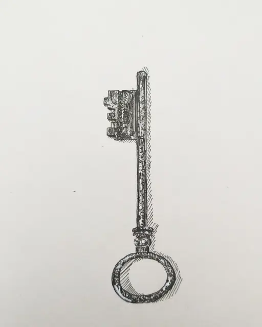 Clé ancienne dessinée à l'encre en hachures serrées, seule au centre d'une feuille blanche.