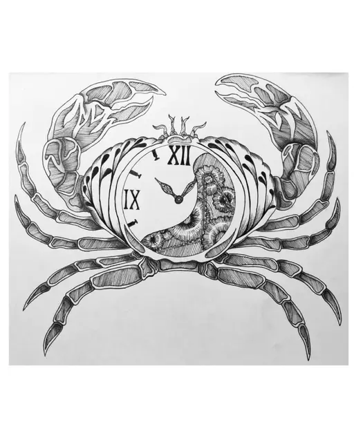 Crabe dessiné à l'encre en hachures serrées, une horloge à chiffres romains encastrée dans sa carapace.
