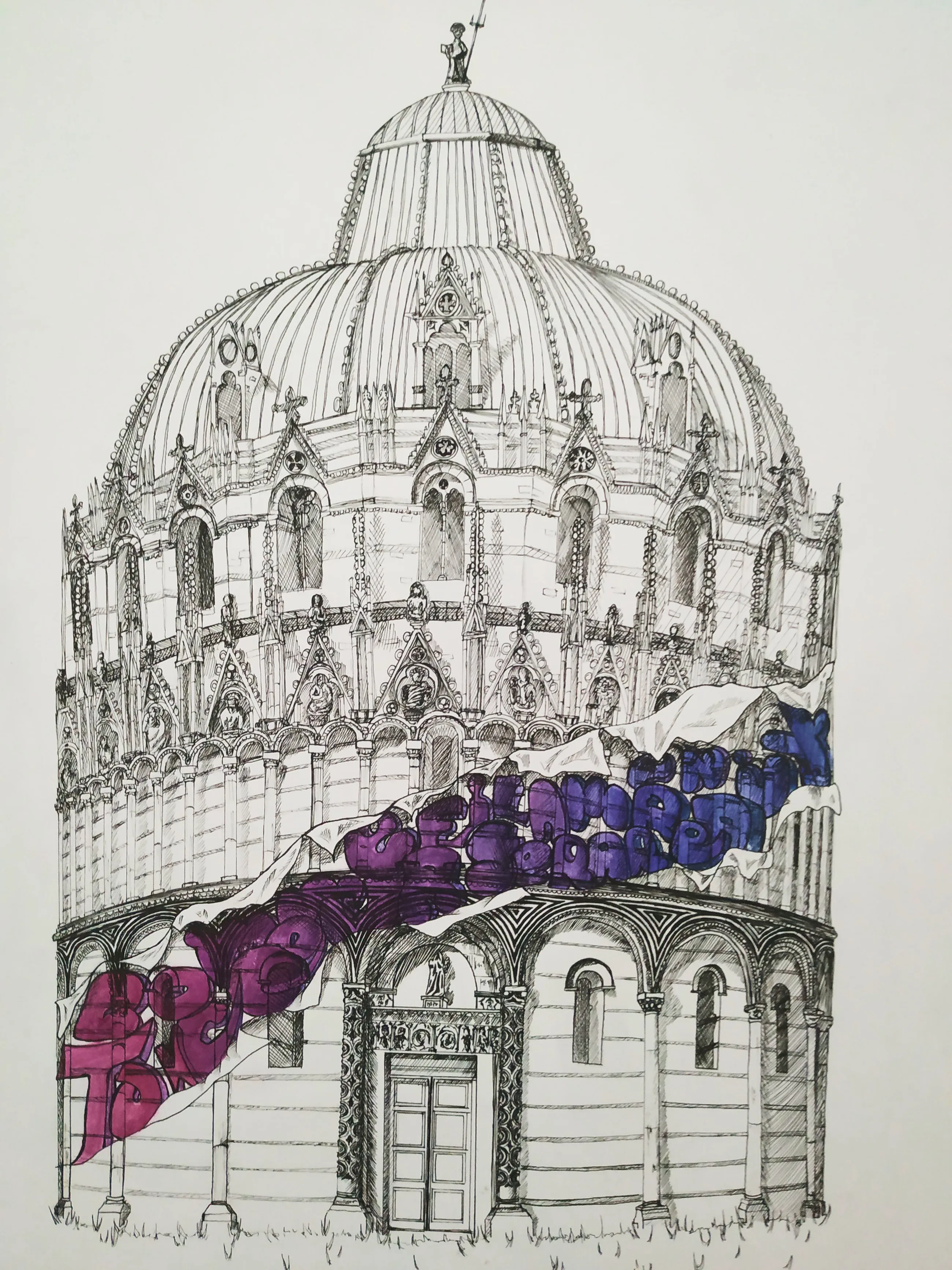 Coupole et abside d'une cathédrale italienne à l'encre, avec un ruban peint en rose et bleu enroulé autour de la base.