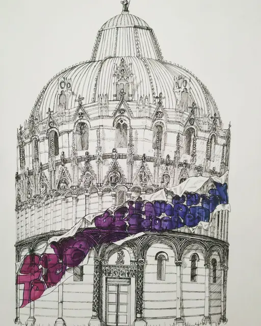 Coupole et abside d'une cathédrale italienne à l'encre, avec un ruban peint en rose et bleu enroulé autour de la base.