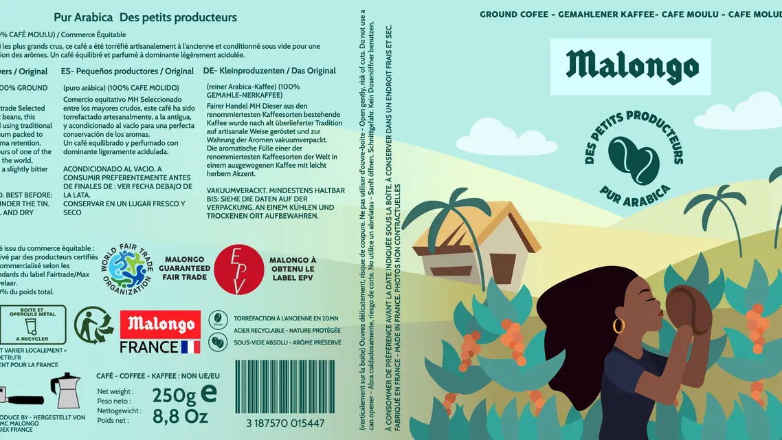 Étiquette déroulée d'une boîte de café Malongo : illustration d'une cueilleuse dans une plantation, ciel bleu et maisons colorées.