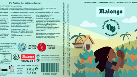 Étiquette déroulée d'une boîte de café Malongo : illustration d'une cueilleuse dans une plantation, ciel bleu et maisons colorées.