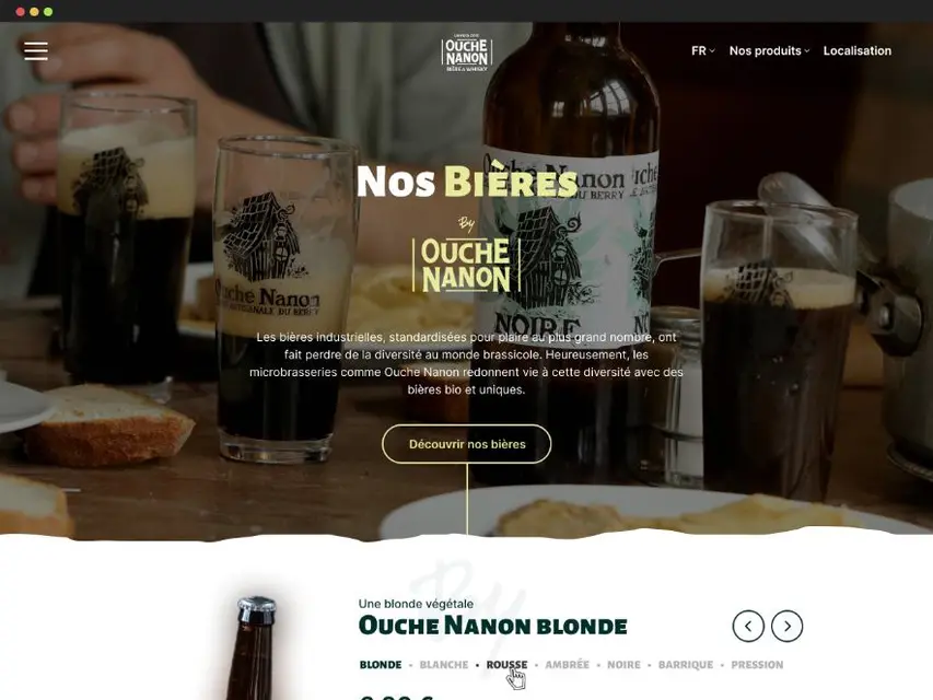 Page d'accueil du site d'une brasserie artisanale, vert foncé et blanc, photographie de bouteilles et bloc de présentation des bières.