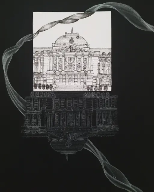 Façade de palais dessinée à l'encre, posée sur fond noir, prolongée vers le bas par son reflet et par des volutes de fumée.