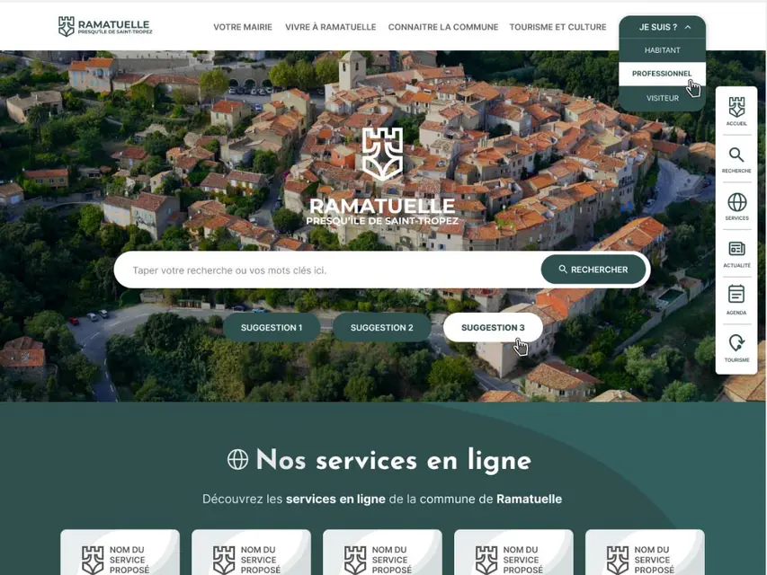 Page d'accueil du site de la commune de Ramatuelle : vue aérienne du village perché, barre de recherche et menu des services en ligne.