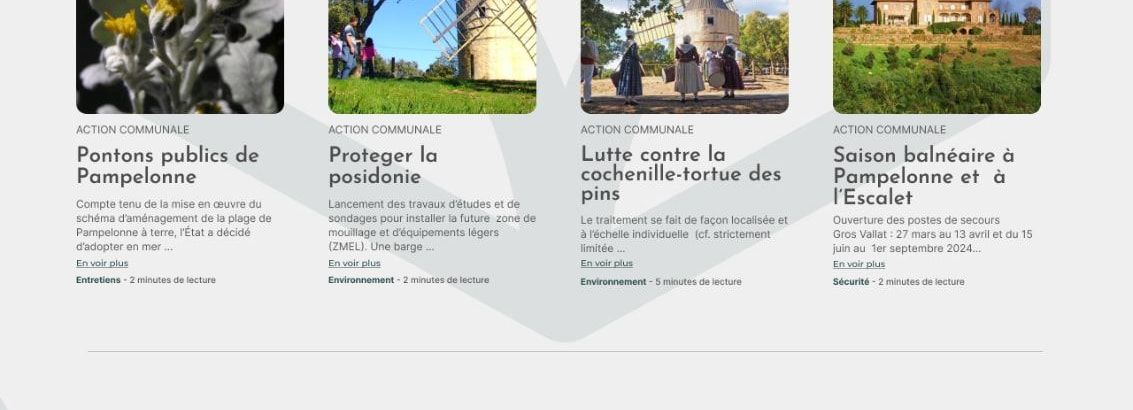 Détail du bloc actualités et de la mise en page des cartes.