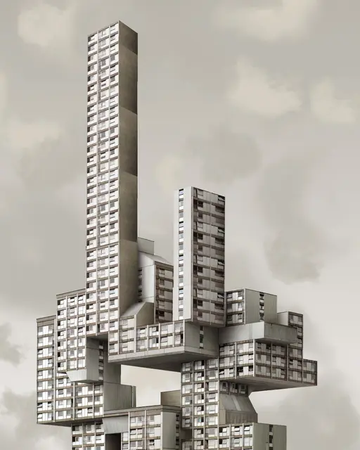 Tour de béton improbable, empilement de blocs d'habitation en porte-à-faux sur un ciel nuageux.