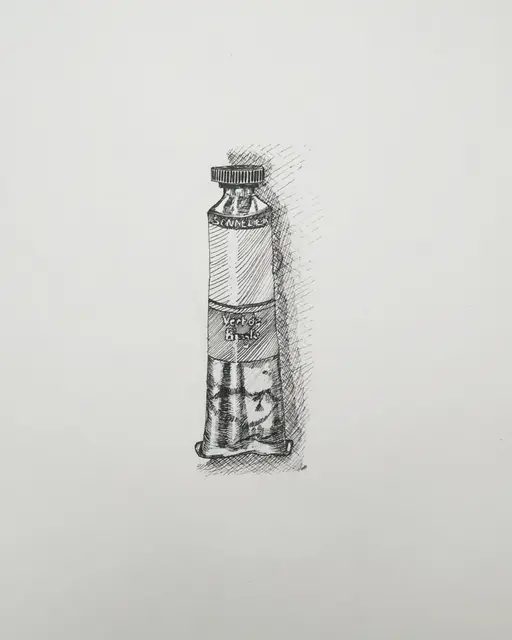 Tube de peinture froissé dessiné au crayon, hachures d'ombre portée sur une feuille claire.