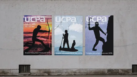 Trois affiches UCPA collées côte à côte sur un mur : un tir à l'arc, un paddle et une escalade, en aplats de couleur.
