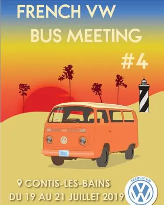 Affiche du quatrième rassemblement French VW Bus : combi orange devant un coucher de soleil dégradé, palmiers et phare.