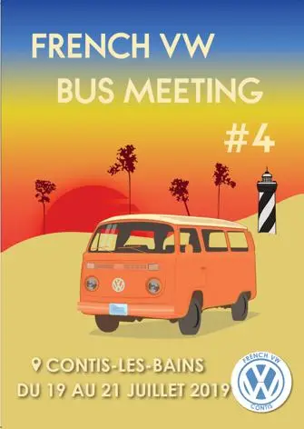 Affiche du quatrième rassemblement French VW Bus : combi orange devant un coucher de soleil dégradé, palmiers et phare.