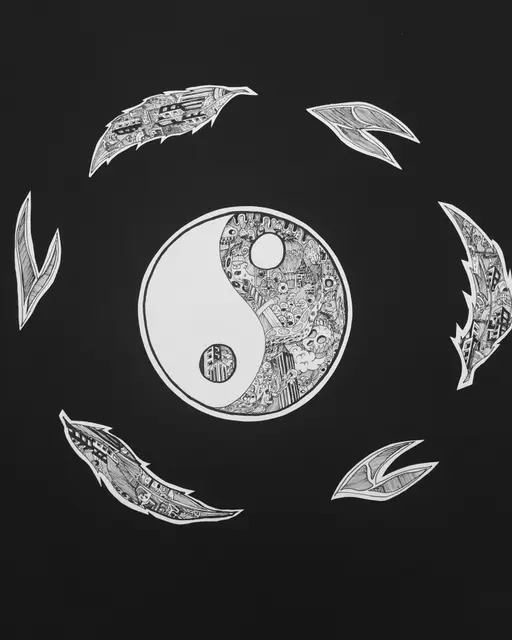Sur fond noir, un yin-yang rempli de motifs à l'encre blanche, entouré de six plumes dessinées au trait.