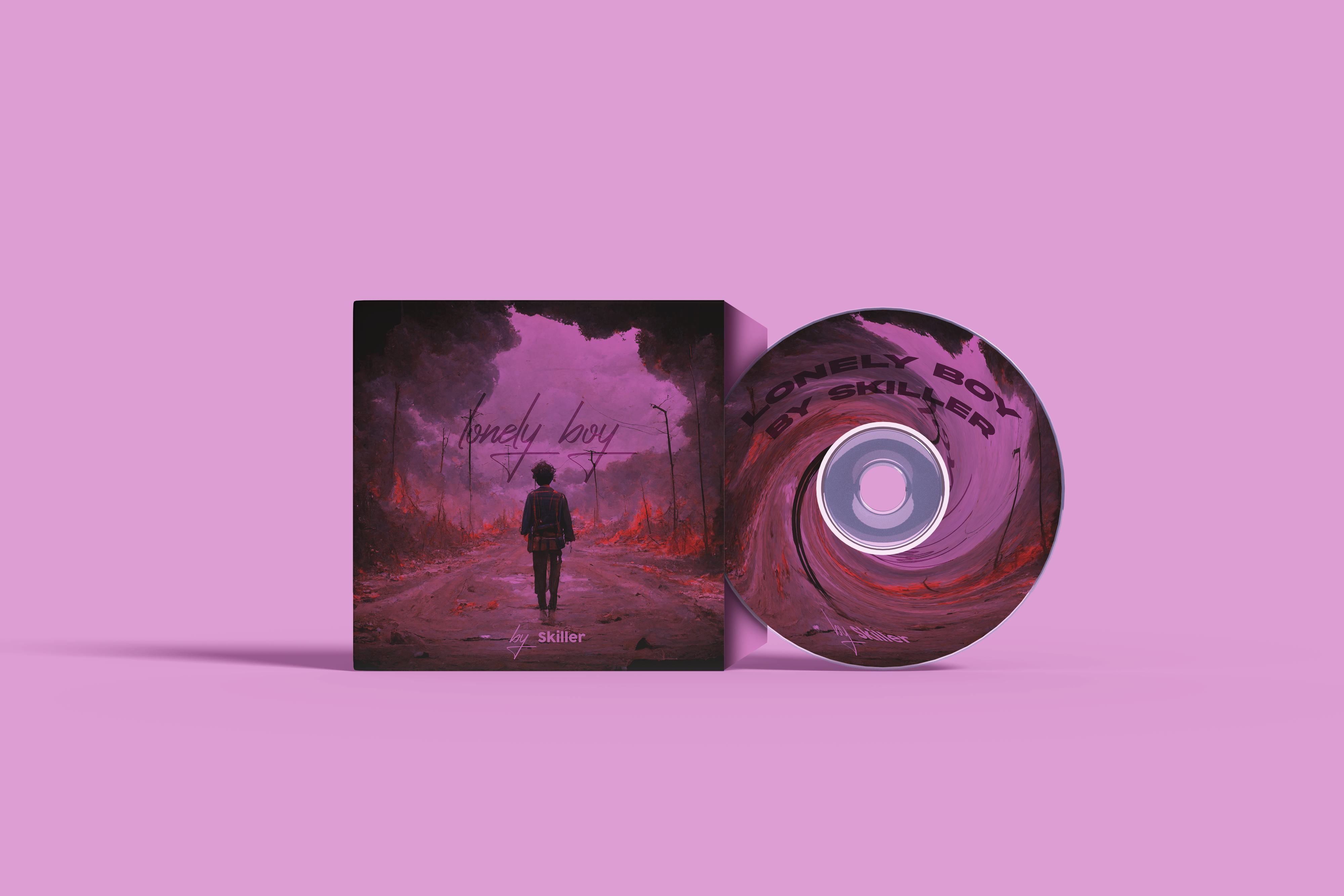 Pochette de CD sur fond rose, silhouette marchant dans un paysage rouge sombre.