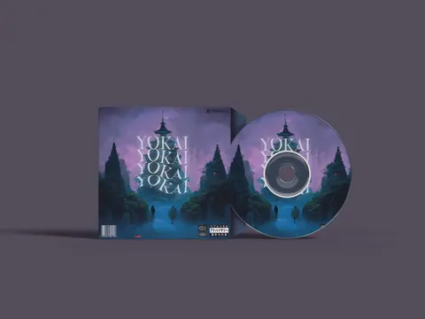 Pochette de CD sur fond gris violet : allée d'arbres sombres sous un ciel mauve, titre Yokai répété en colonne.
