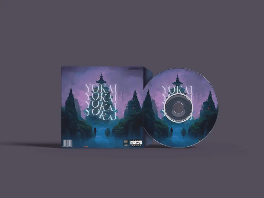 Pochette de CD sur fond gris violet : allée d'arbres sombres sous un ciel mauve, titre Yokai répété en colonne.
