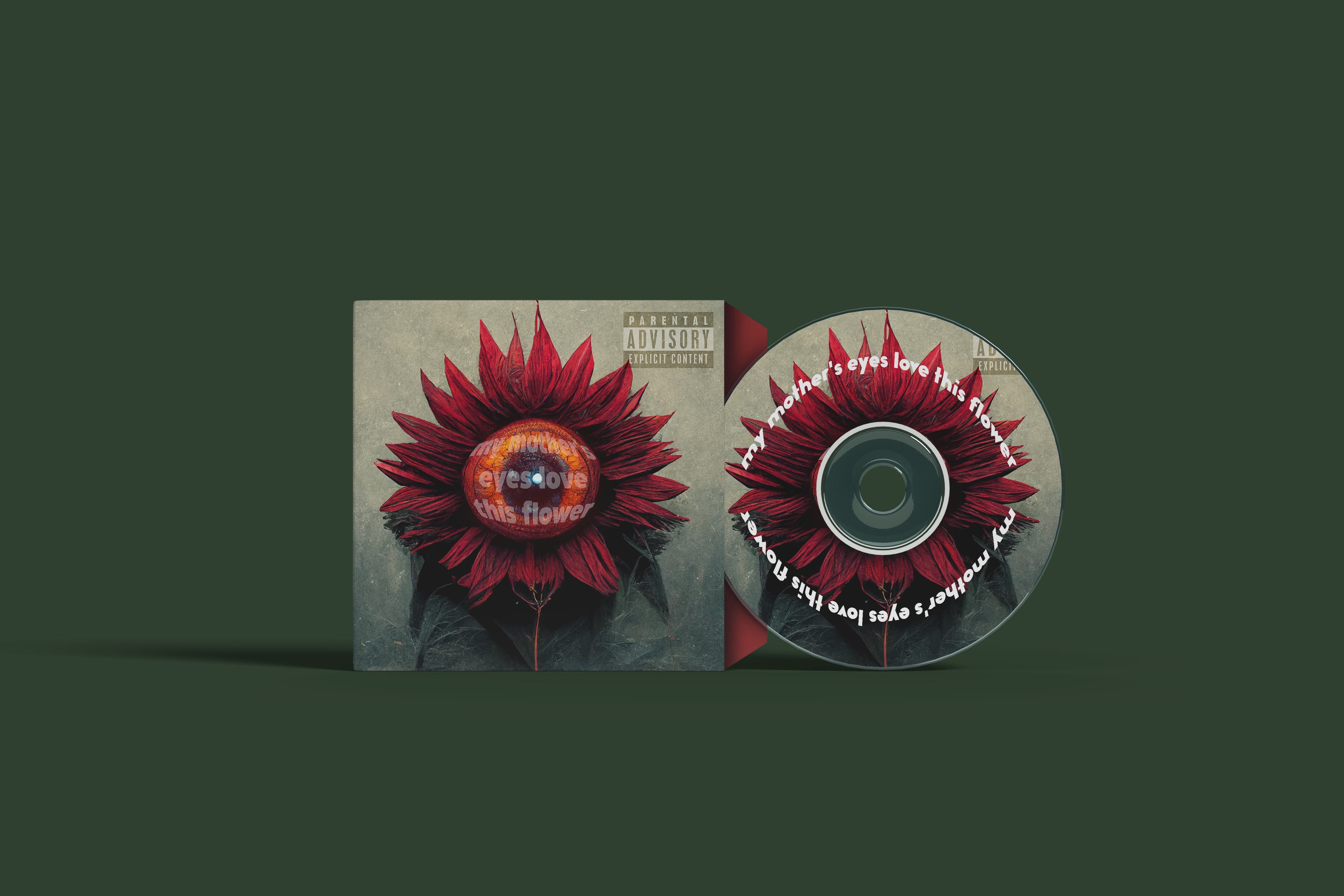 Pochette de CD sur fond vert foncé, grande fleur rouge dont le coeur forme un oeil.